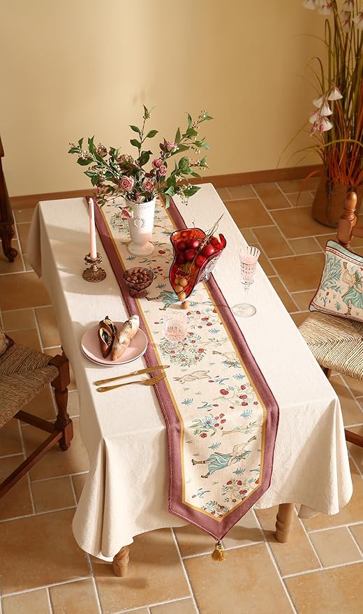 patdrea Designer Idyll Linen Table Runner, Vintage Beige Farmhouse with Ancient Spring Figure and Fruit Trees Pattern Table Mat, Decoration for Kitchen Dining Banquet Christmas ,12"*71"