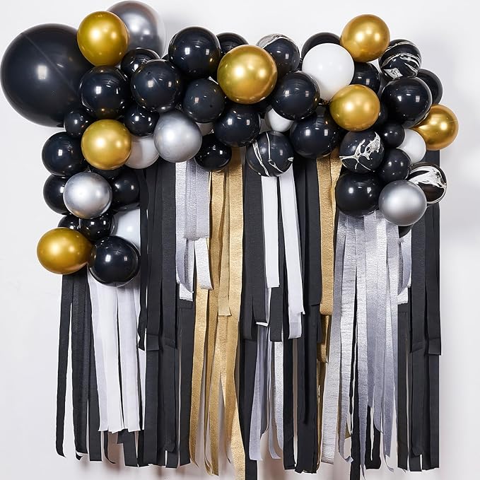 PartyWoo Black Gold Silver Crepe Paper Streamers 4 Rolls 328 ft Pack of Black Metallic Silver Gold Crepe Paper for Graduation New Year Birthday Party Decorations (1.8 Inch x 82 Ft/Roll)