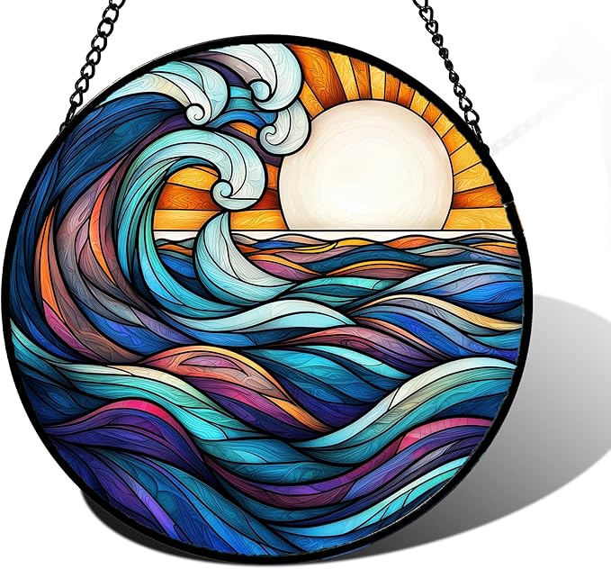 Stained Glass Window Hanging, Big Wave Sun Suncatcher Diamond Glass Panel Hangings Abstract Sun Catchers Decor for Birthday for Women, Men, Wife, Aunt, and Mom 7.8 in