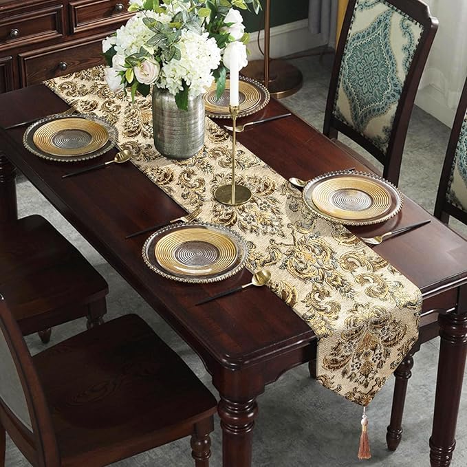Vintage Table Runner European Royal Precision Embroidered Jacquard Luxury Thick Chenille Beige 13x98