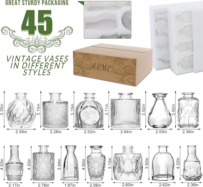 Arme Bud Vase Set of 45, Clear Bud Vases in Bulk, Mini Glass Vases for Flower, Small Flower Vases for Centerpieces, Vases for Decor, Home Wedding Table Décor