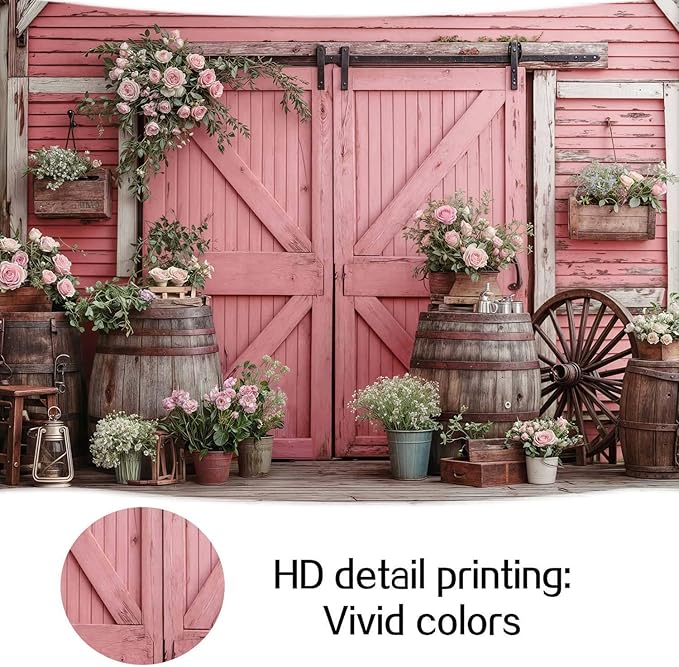 5x4ft Country Wedding Pink Photography Backdrop Rustic Wooden Barn Door Photography Backdrop Farmhouse Flower Western Girl Birthday Baby Shower Wedding Bridal Party Banner Photo Booth Props Background