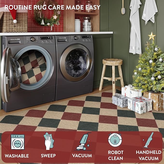 Area Rug Runner, Red Checkered Christmas Entryway Rug, Low Pile