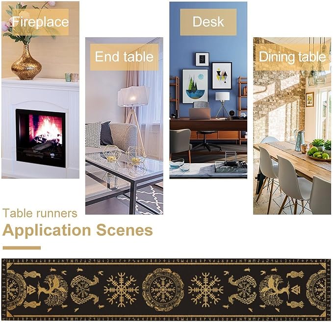 Viking Tree of Life Abstract Table Runner for Living Room Home Party Coffee Dining Party Wedding Golden Black Celtic Style Geometric Dragon Boat Rudder Ancient Script Table Runner 13x120 Inch