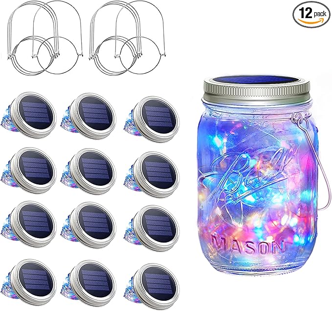 SunKite Solar Mason Jar Lights, 12 Pack 30 LED Waterproof Fairy Firefly Jar Lids String Lights with Hangers(NO Jars), Patio Yard Garden Wedding Decoration - Multicolored2