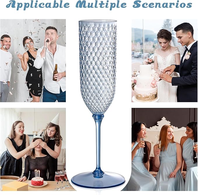 Champagne Glasses 24 Pack, 5.5 oz Detachable Dusty Blue Plastic Flutes