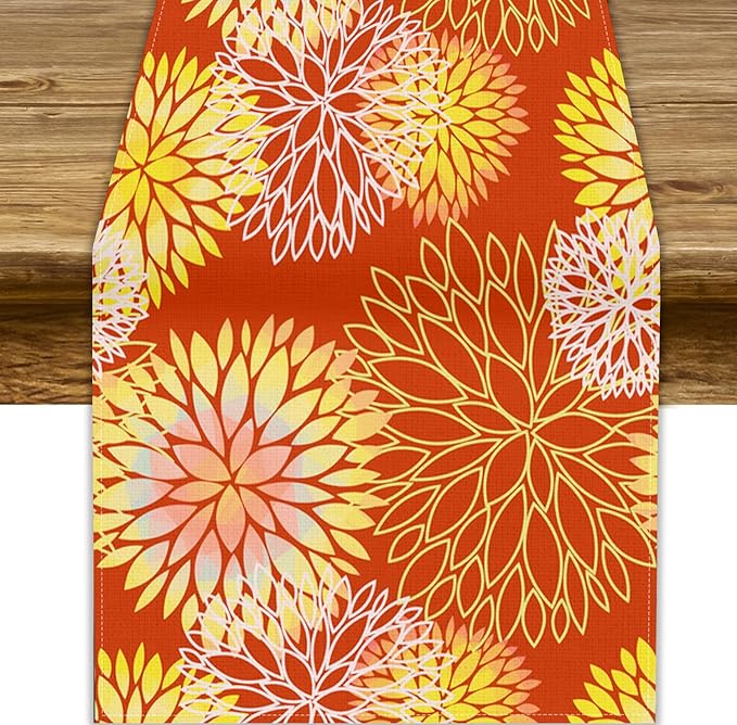 Yellow Floral Table Runner, Chrysanthemum Autumn Spring Summer Vintage Modern Linen Geometric Table Runner for Kitchen Living Room Bedroom Party Holiday, 13x70 Inch