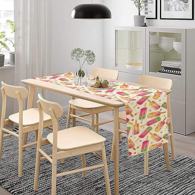 Ice Cream Popsicles Table Runner, Watercolor Summer Seasonal Fruit Peach Kiwi Berry Popsicles Orange Pink Sweet Dessert Dinner Runner for Party Holiday Home Kitchen Dining Table Decor 13"x70"