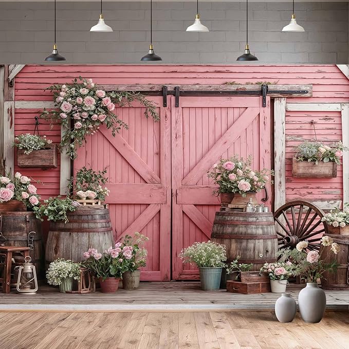 6x4ft Country Wedding Pink Photography Backdrop Rustic Wooden Barn Door Photography Backdrop Farmhouse Flower Western Girl Birthday Baby Shower Wedding Bridal Party Banner Photo Booth Props Background