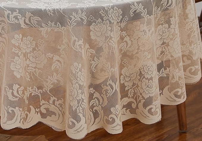 LinenZone Linen Round Tablecloth for Rustic Vintage Decor. Sheer Lace Works Great As Wedding, Thanksgiving or Christmas Tablecloth (Mia 48 Round, Linen)