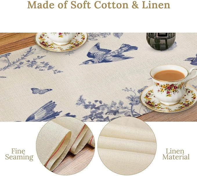 Monochrome Sketch Flowers Bird Table Runner, Seasonal Spring Fall Plants Blue Florals Dinner Runner for Home Kitchen Dining Table Party Holiday Decoration 13"x70"