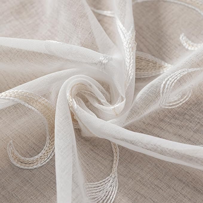 VISIONTEX White Sheer Voile Curtains, Decorative Leaves Embroidery Faux Linen Rod Pocket Window Drapes for Home Kitchen, Living Room and Bedroom 26 x 36 Inch, Set of 2 Curtain Panels