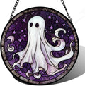Stained Glass Window Hanging - Halloween Decorations White Ghost Purple Stars Suncatcher for Doors Garden Spooky Funny Sun Catchers Gothic Decor Horror Gifts for Women Men Friend 15 in