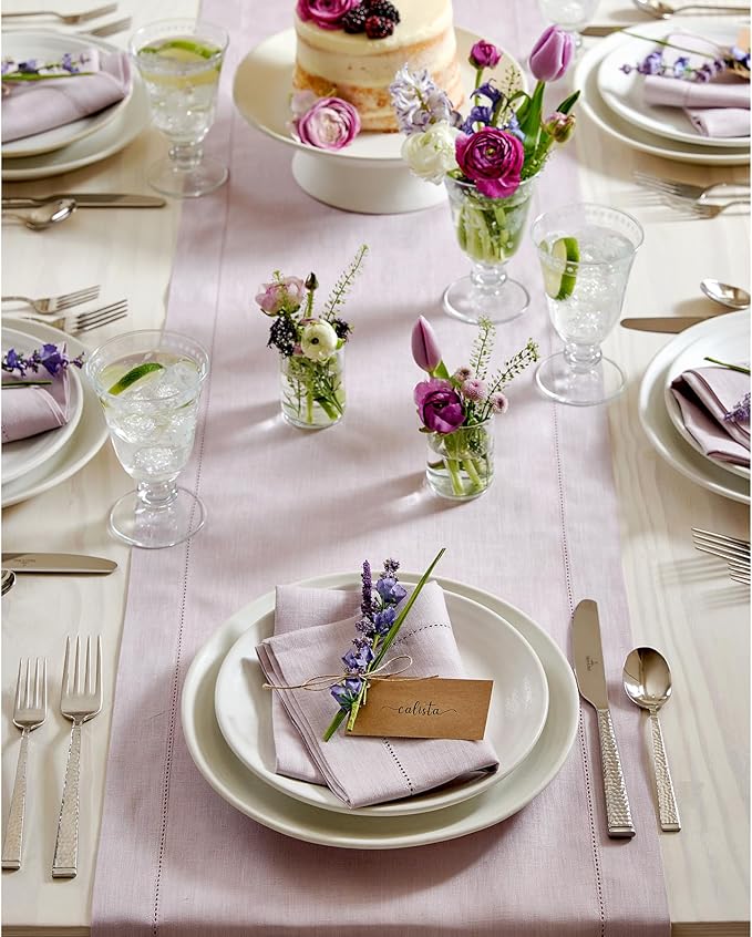 Solino Home Linen Lilac Table Runner 108 Inches Long - 100% Pure Linen 14 x 108 Inch Table Runner for Fall, Autumn, Thanksgiving, Christmas - Classic Hemstitch