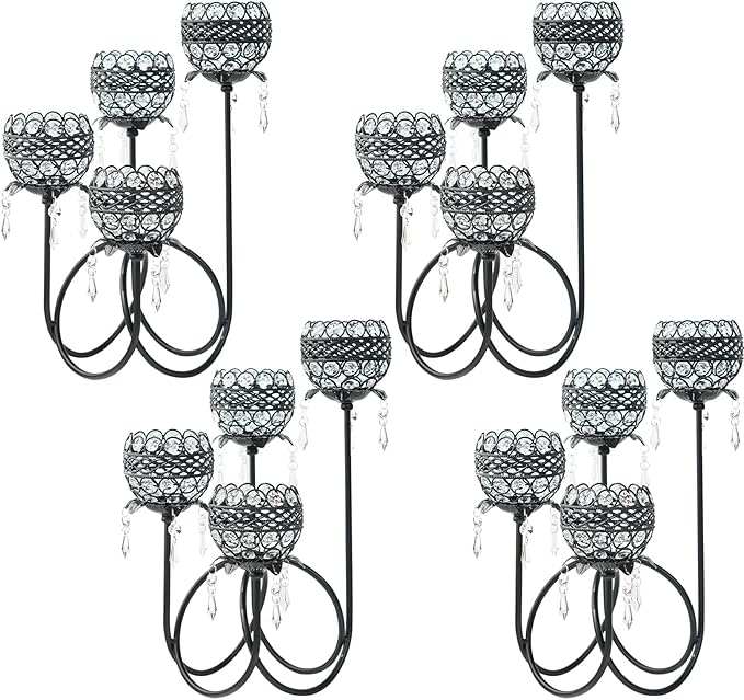 4 Arms Crystal Candelabra Tealight Holder - Tall 15.7 Inch Elegant Centerpiece with Crystal Pendant Bowls & Artistic Metal Stand for Wedding, Dining Table, Home Decor (4, Black)