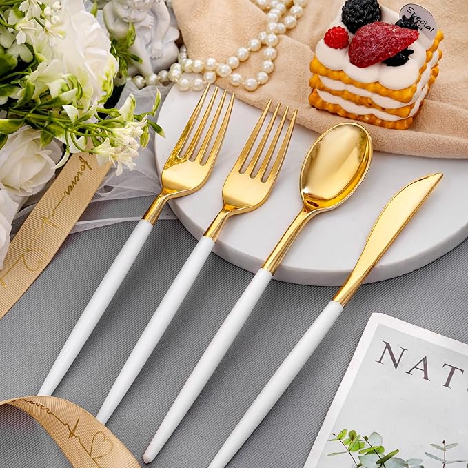 SUT Gold Plastic Silverware, 160Pcs Gold Utensils Set Disposable, 80 Gold Plastic Forks, 40 Gold Knives, 40 Gold Spoons, Gold Plastic Cutlery for Parties, Dinners, Weddings(White Gold)