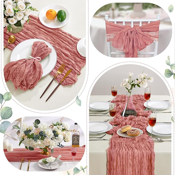 6 Pack Rose Cheesecloth Table Runner 10FT Long Boho Gauze Table Runner Rustic Sheer Runner for Wedding Bridal Baby Shower Birthday Party Table Decor Thanksgiving Christmas Decorations