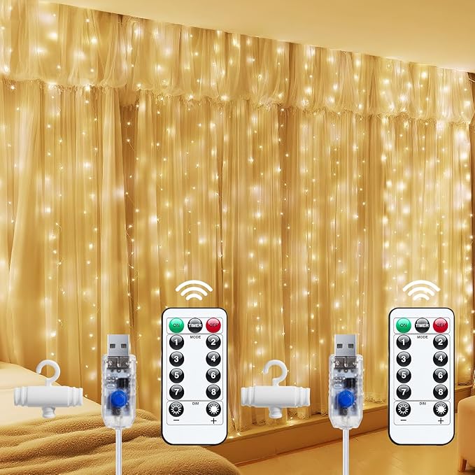 Brightown 2 Pack 300 LED Fairy Curtain Lights, 9.8ft x 9.8ft Warm White Curtain String Lights, USB Plug in 8 Lighting Modes LED Christmas String Hanging Lights with Remote for Bedroom Indoor Outdoor