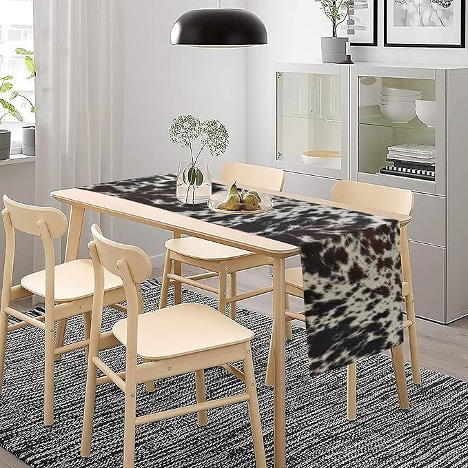 Cow Print Table Runner, Country Farm Animal Fur Skin Pattern Western Style Black Brown Cowhide Print Dinner Runner for Home Kitchen Dining Home Setting, 13x36 Inch