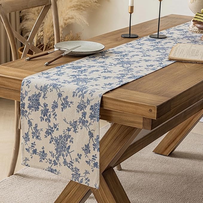 Pastoral Table Runner - 14 x 36 Inch Rectangle - Beige Linen - Washable Tabletop with Dust-Proof Wrinkle Resistant for Restaurant, Picnic, Indoor and Outdoor Dining, Floral (Dark Blue)
