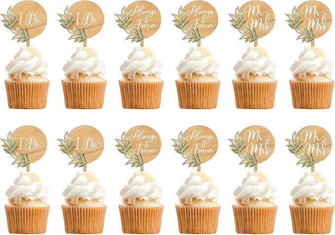 Non-Edible Wood Cake Topper Set with 12 Green Leaf Cupcake Toppers