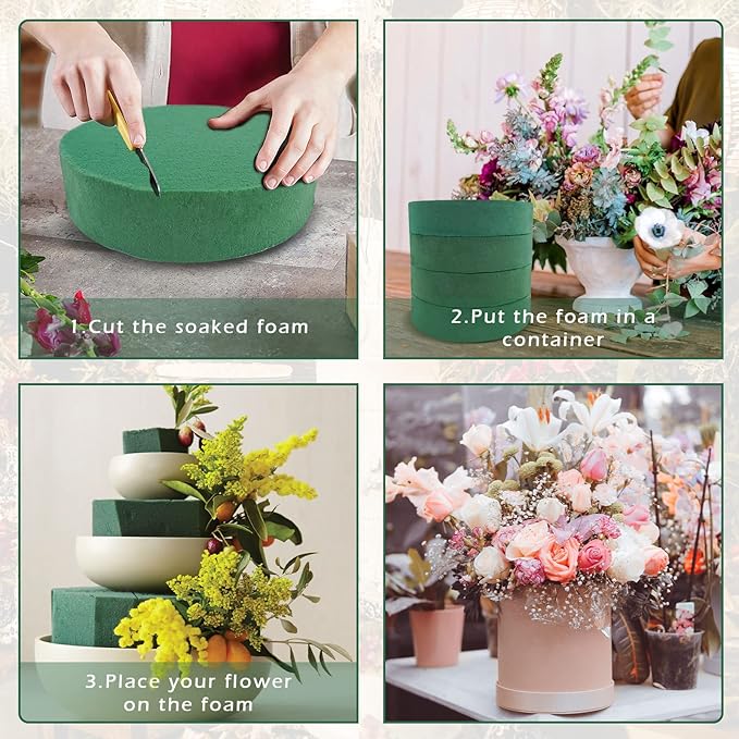 Prashent 4 Pcs Round Floral Foam Blocks,Green Wet Dry Flower Foam Plant Foam for Fresh & Artificial Flower Arrangements DIY Craft 6.3" X 1.6"