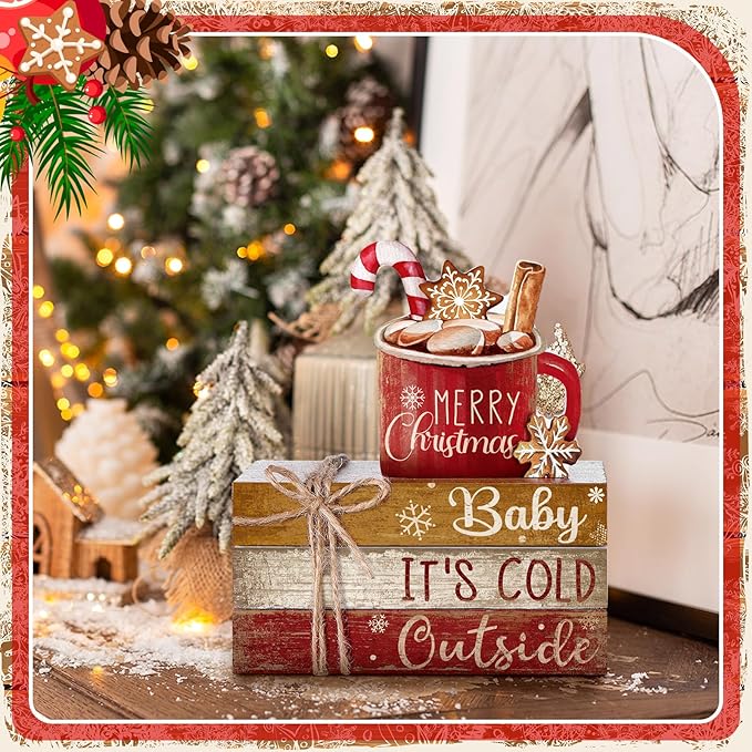 4 Pcs Christmas Table Decor Wooden Hot Cocoa Decoration Christmas Centerpiece Winter Tiered Tray Decor Decorative Red Hot Cocoa Block Signs Gift Farmhouse Xmas Decoration for Home Kitchen