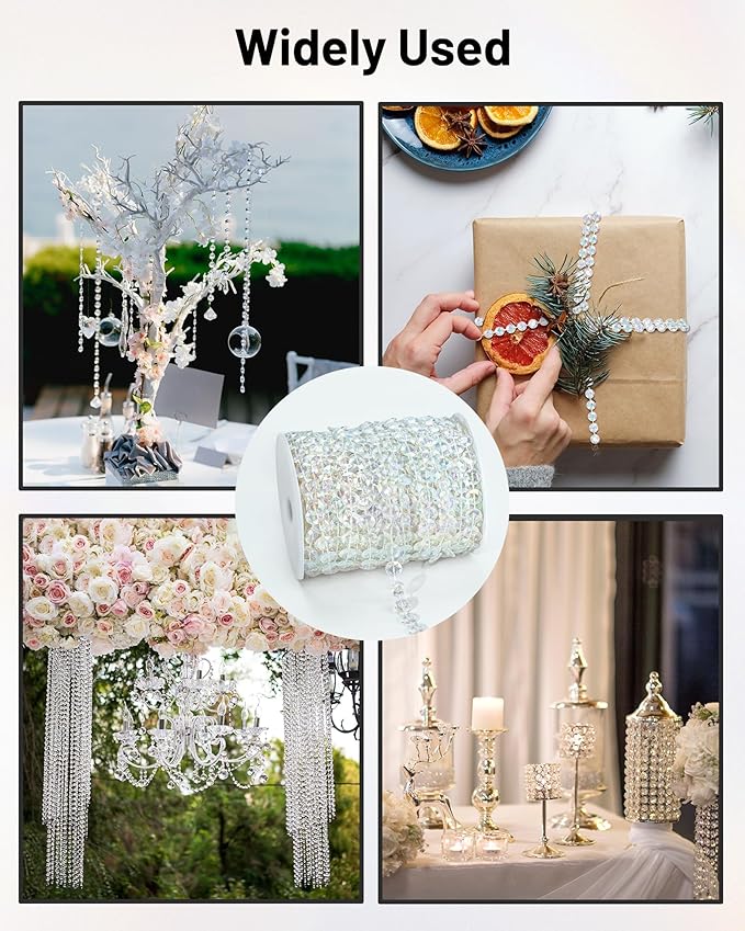 99FT Acrylic Crystal Garland, Clear Diamond-Shaped Crystal Bead Strands, DIY Crystal Beads String Roll for Wedding Decorations Party Decorations Beaded Curtain Crafting Projects