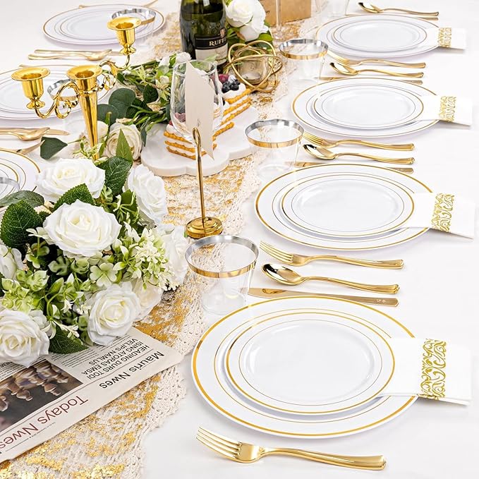 SUT 600PCS Gold Plastic Silverware, Plastic Silverware heavy duty, Disposable Cutlery, 200 Forks,200 Spoons, 200 Knives for Party