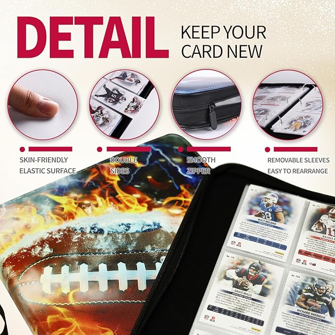 1080 Pockets Football Card Binder 9 Pocket, Trading Card Binder with 60 Page Removable Sleeves, Zipper Card Book Album Holder[PROTECTIVE][PLEASANT TOUCH SURFACE]