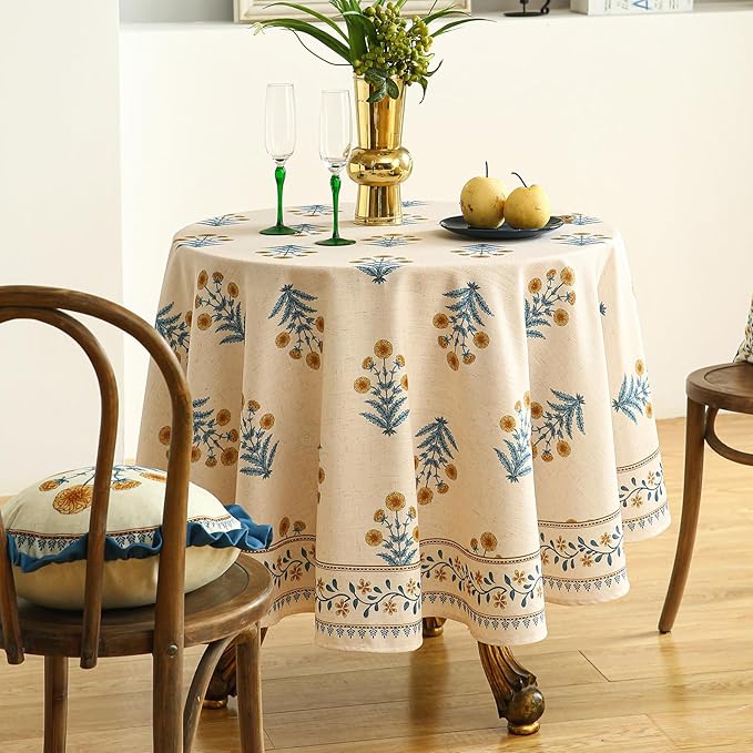 ISAENNE Designer French Pale Yellow Round Tablecloth,Linen Floral Table Cloth,Wrinkle Resistant Decor Tablecloths for Dining Thanksgiving Banquet Kitchen Party,Diameter 67"-Estevan A