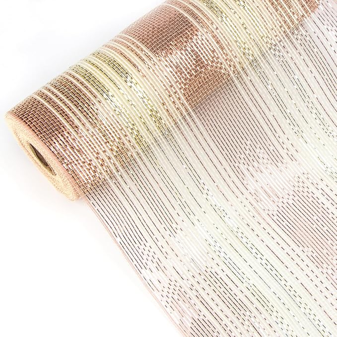 Ribbli 2 Rolls Rose Gold Metallic Mesh Ribbon 10 inch x 30 feet(10Yard), Ivory with Rose Gold Foil and Ivory Thread,Christmas Ribbon for Wreath Swags Wedding Garland and Christmas Tree