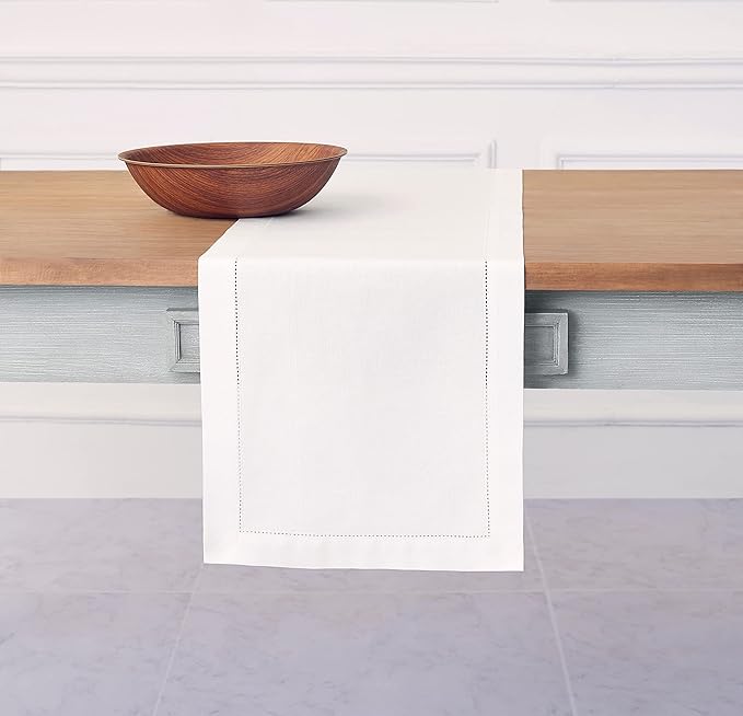 Solino Home White Table Runner 90 Inches Long - Cotton Linen Hemstitch 14 x 90 Inch Table Runner for Dining, Fall, Autumn, Halloween, Thanksgiving, Christmas, Holiday