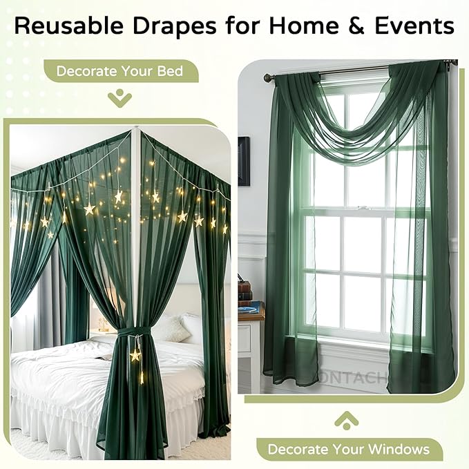 Wedding Arch Draping Fabric 29" x 19Ft Sheer Drapes for Backdrop Wedding Ceremony Reception Ceiling Decor Curtain Baby Bridal Shower Decoration (Hunter Green, 2 Panels)