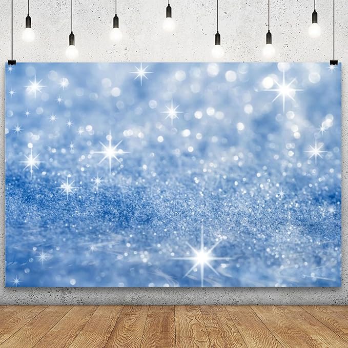 YongFoto Silver Blue Glitter Backdrop 20x10ft Silver Light Spots Blue Sequin Bokeh Photography Background Birthday Bridal Shower Wedding Photography Background Party Banner Portraits Photoshoot Props