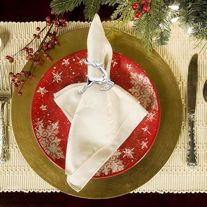 ZeeDix Silver Reindeer Christmas Napkin Rings Set of 6, Napkin Holder Ring for Christmas Dinner Table Decor Cloth Napkins, Wedding Receptions, Holiday Party, Banquet and Home Kitchen