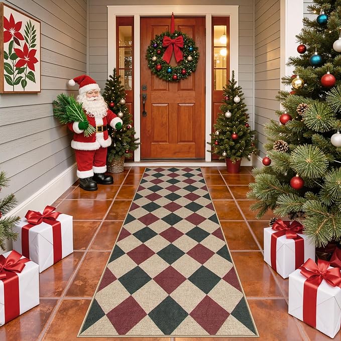 Area Rug Runner, Red Checkered Christmas Entryway Rug, Low Pile