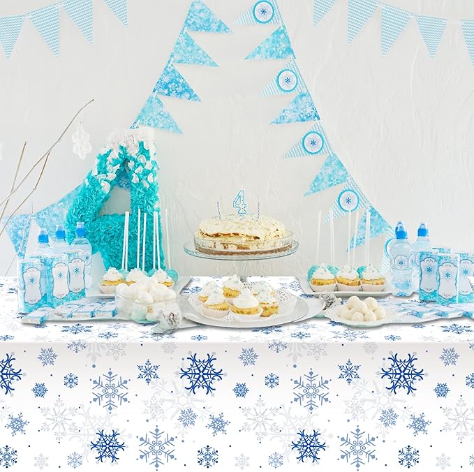 12 Pieces Snowflake Christmas Party Tablecloth Decorations,Plastic White Snowflake White Blue Xmas Backdrop Sign Table Cover Banner for Winter Christmas Holiday Party Supplies,54x108 inch（White/Blue）