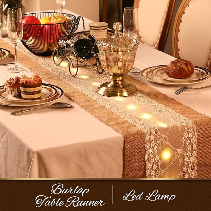 Burlap Table Runner with LED String Lights Rustic 12" x 108" Christmas Tablecloth Lighted Table Runner Farmhouse Decor for Wedding Bridal Shower Xmas Holiday