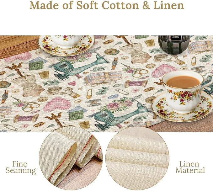 Sewing Theme Table Runner,Vintage Sewing Machine Tool Watercolor Pattern Print Tablecloth Burlap for Hotel Indoors Outdoor Dining Room Kitchen Home Decor,W13X L90 in