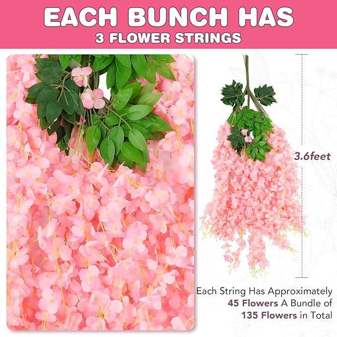 Wisteria Hanging Flowers,Fake Hanging Flowers,Wisteria artificiales Garland for Home Wedding Arch Floral Party Garden Ceremony Outdoor Decor,3.6 feet Long(108,Pink)