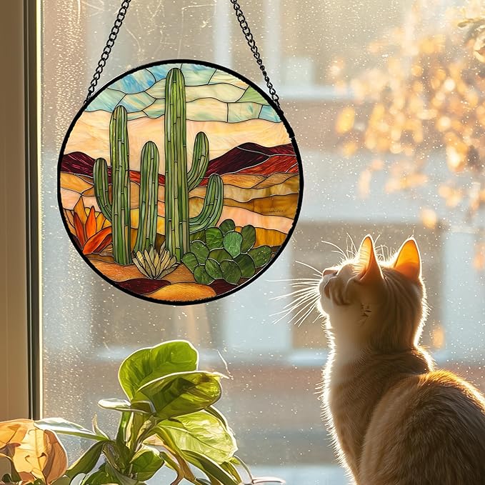 Stained Glass Window Hanging, Green Cactus Sun Catcher for Door Terrace Garden Home Decor, Abstract Desert Landscape Suncatcher Birthday Gifts for Lovers Women Men Dad Mom Nana 6.3