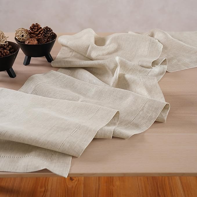 Linen Light Natural Table Runner 120 Inches - 100% Pure Linen Cloth Fabric Hemstitch Table Runner 14 x 120 Inch for Dining, Dresser, Thanksgiving, Fall Christmas - Lino
