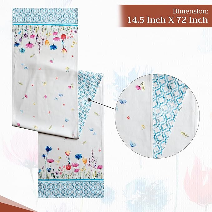 Maison d' Hermine Table Runner 100% Cotton Double Layer Table Runners 72 inches Long Decorative for Home Kitchen Dining Party Wedding Bridal Shower Spring Summer (Flower in The Field, 14.50" x 72")