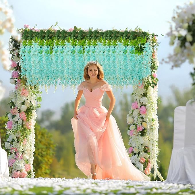 36 Pack Teal Wisteria Hanging Flowers, 3.44 Ft Fake Hanging Flowers, Artificial Wisteria Garland Vines for Wedding Room Backdrop Outdoor Patio Garden Decoration