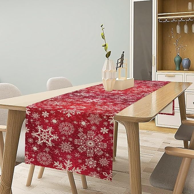 Snowflakes Christmas Table Runner, Winter Holiday Red Table Cloth Kitchen Dining Table Decoration for Home Party Decor 13x60 Inch