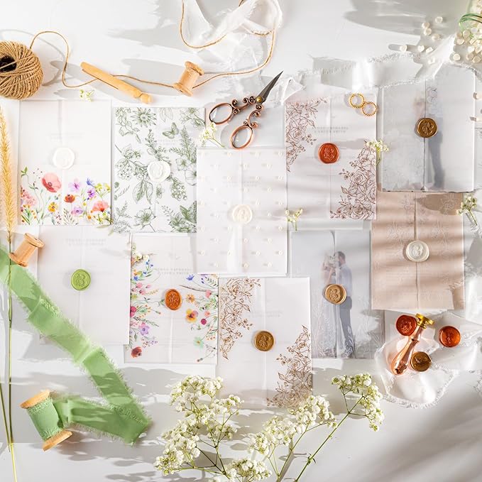 50 Pack Pre-Folded Vellum Jackets for 5x7 Invitations,AZAZA Translucent Invitation Sleeves,115GSM Vellum Jackets 5x7, Wedding Invitation Accessories,for Weddings Birthdays,Botanical Flower Pattern