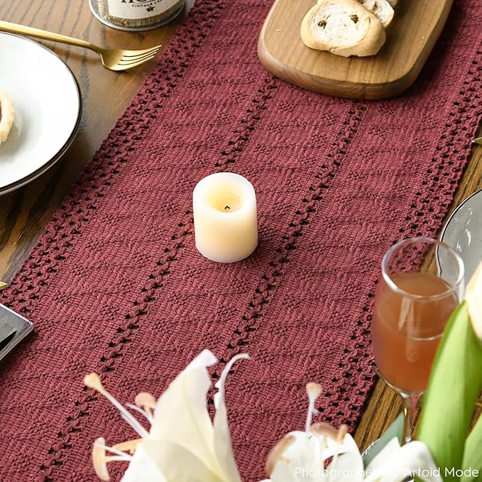 Artoid Mode Red Farmhouse Woven Rustic Hollow Table Runner, Seasonal Holiday Hollow Kitchen Dining Table Decoration for Home Party Decor 12x108 Inch