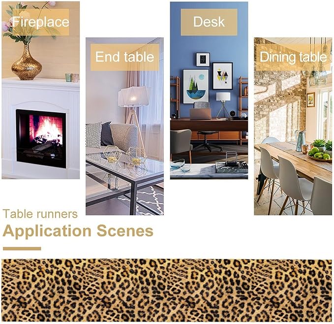 Leopard Print Dinning Table Runner, Cotton Linen Rustic Cottage Country Farm Safari Wildlife Fur Print Table Runners for Table Dresser Runner Dinning Kitchen Party Holidays Home, 13x90 Inch
