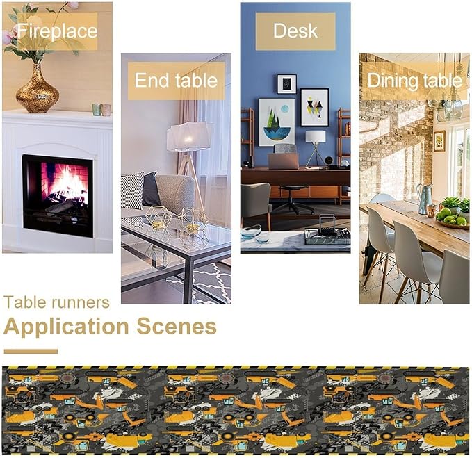 Cartoon Car Table Runner,Boy Kids Construction Yellow Tractor Excavator Tablecloth Burlap for Hotel Indoors Outdoor Dining Room Kitchen Home Decor,W13X L90 in